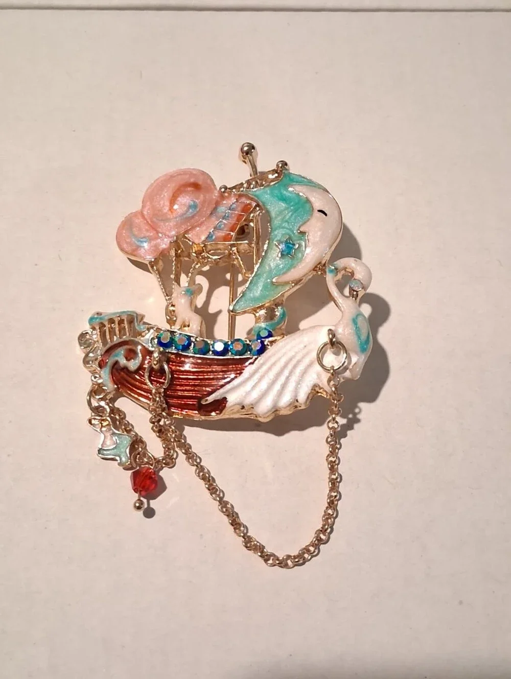 New Whimsical Enamel Swan & Moon Boat Brooch - Pastel Pink, Teal & White